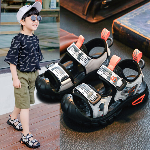 FYZS boys' sandals 2025 new summer handsome toe-toe shoes for primary and secondary school students soft-soled children's sports beach shoes K888 blue 37 yards / inner length 23.2CM