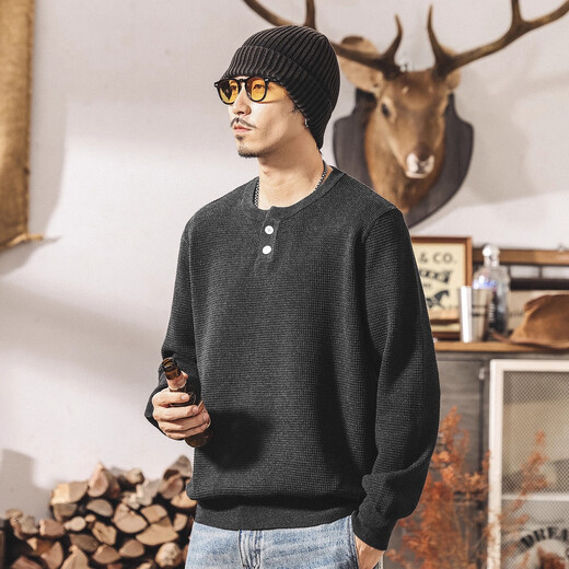 Jay Leno American retro long-staple cotton Henry collar sweater for men spring and autumn new loose tough guy trendy sweater men's jacket dark floral gray 2XL suitable for 160-180Jin Jin equals 0.5 kg