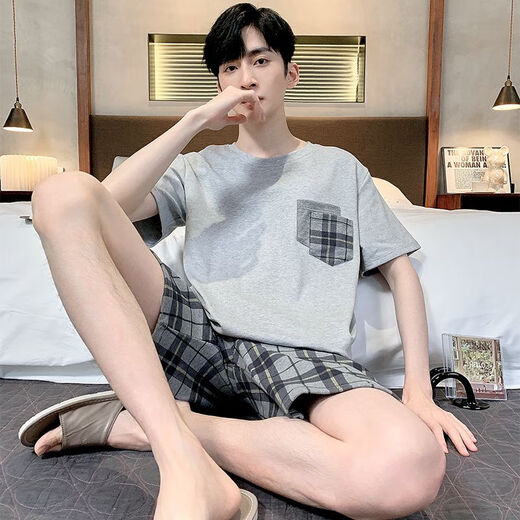 慕枫晴睡衣男士夏季棉质短袖青中年薄大码男式夏休闲春秋家居服套装 9928【H系列男短-袖短裤套装】 3XL 【建议175-200斤】