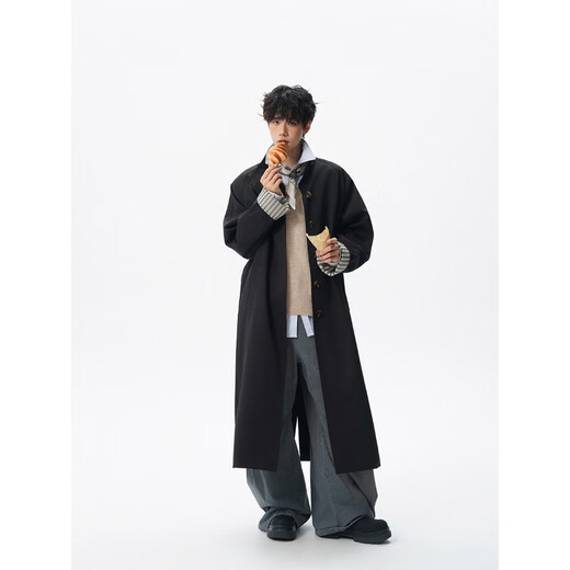 OEMG Korean fake two-piece British windbreaker jacket for men in spring and autumn, knee-high mid-length trendy brand design large clothes, black XL recommended 110-130Jin Jin equals 0.5kg