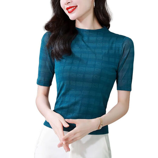 DRYWORLD洋气百搭真丝t恤女大码网纱双层打底衫女装2025新款短袖夏上衣女 花色 【时尚爆款9898图片色】 M