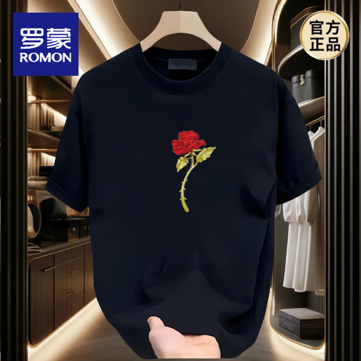 ROMON (ROMON) different couple outfit summer T-shirt 2025 new summer super hot internet celebrity pure cotton special short-sleeved top for men. Black front large picture K1049 single red rose man S S recommended 90-100 Jin [Jin equals 0.5 kg]