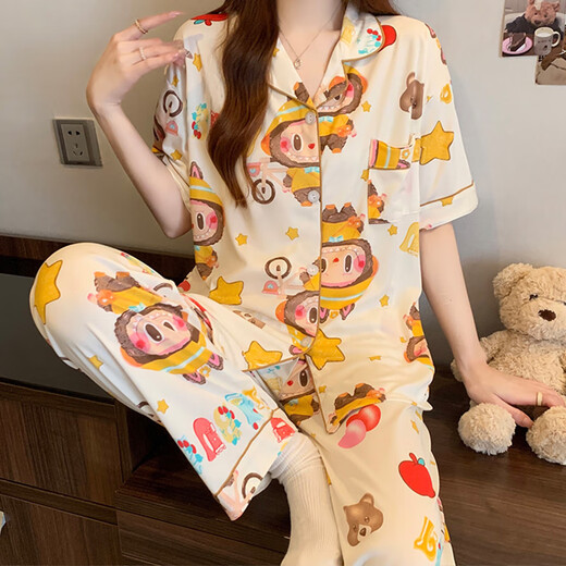 Carton japonais Pyjamas Ragbub pour femmes en été Shorts à manches courtes 2025 Nouveaux vêtements pour la maison étudiante douce et mignonne 14137 # Ragbub blanc [courte-manche + shorts + pantalon] m [75-100jin [Jin est égal à 0,5 kg]] toute taille