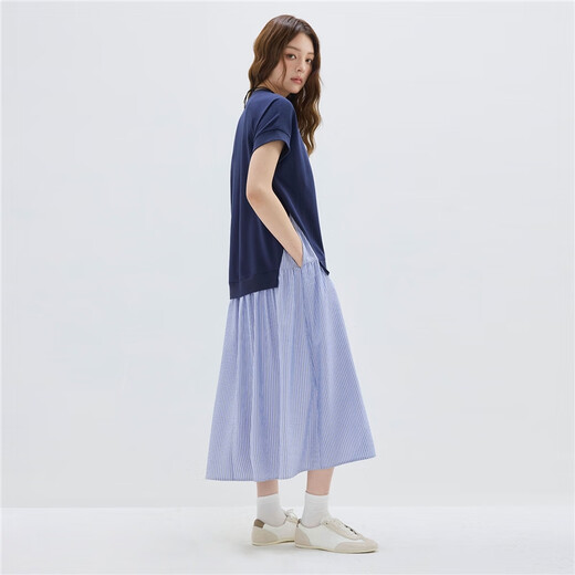 
Giordano designer fake two-piece dress for women spliced striped round neck short-sleeved skirt for women 18465213