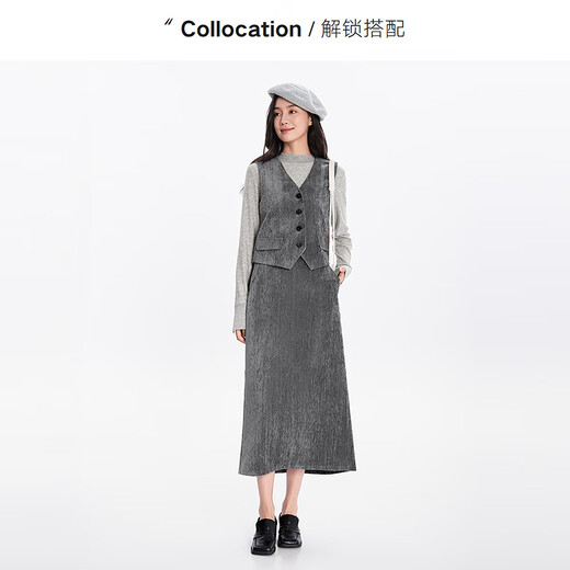 Fragment suit women's spring new v-neck casual vest slimming body-covering a-line skirt commuting complete set gray XL