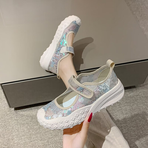 Women's shoes 2025 summer new breathable and lightweight Mary Jane Velcro one foot thick sole anti-slip slow step mother's shoes YGNX-677 blue 34