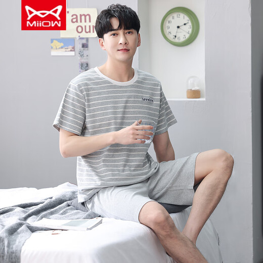 
Catman MIIOW Men's Summer Pure Cotton Shorts Shorts Youth Summer Thin Stripes Can Wear Outside Casual Home Clothing Set Pure Cotton FA#6623 L Recommended-125Jin[Jin is equal to 0.5 kg]