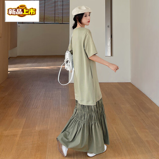 Chujing 2025 Neues Sommer Super langes Kleid mit kurzärztem Kleid für Frauen Fett MM großer Größe locker bis Knöchelspleißen und plissierte Freizeitbilder Farbe 3xl