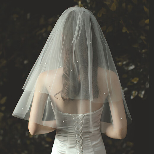 Lan Shu veil bride's main wedding dress, marriage marriage certificate, proposal and engagement super fairy high-end puff headdress photography studio photo props, plain yarn pearl veil 70cm [hair combing]