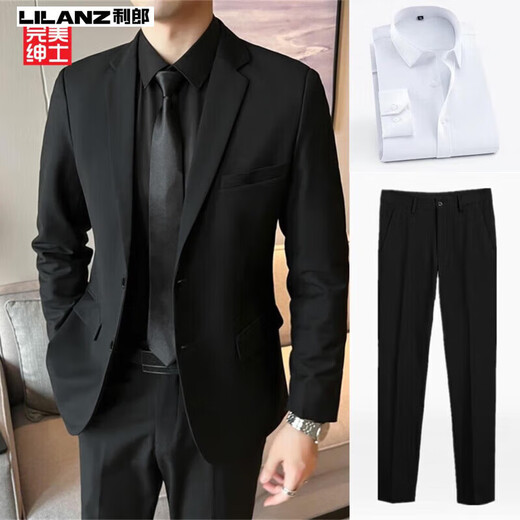 Lilan 2025 New Spring and Summer Suits Men's Jackets Business Casual Tops Groomsmen's Clothes Grooms Wedding Occupation 094 Pieces Black Suit+White Shirt+Trousers+XL Suitable for 120-145Jin Jin equals 0.5 kg