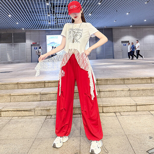 勤度爵士舞服装女套装夏季薄款曳步舞上衣蕾丝拼接跳广场舞休闲束脚裤 白色裤子6627 M [80-105斤]