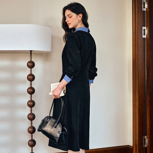 Olrain French Couleur contrastée robe en velours côtelé pour les femmes à l'automne 2025 Nouvelle jupe longue mince noire L