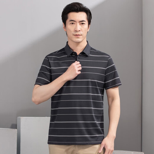 红都夏季新款男士短袖T恤商务休闲翻领簿款条纹微弹中年半袖t恤衫 咖色ta9226-2 均码 175/92A