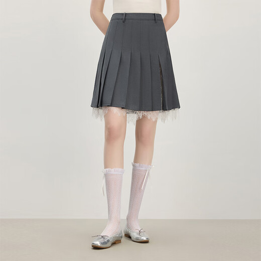 范思蓝恩天才少女蕾丝高腰百褶半身裙女2025夏季甜辣A字短裙2632 灰色 S