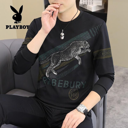 花花公子（PLAYBOY）2025春秋新款男士长袖T恤小衫个性欧货卫衣打底衫加大码男装上衣 【春秋】6626白色 薄款 M 90-115斤