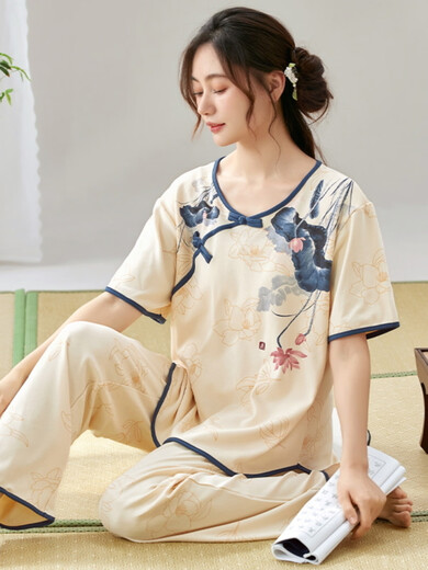 维多利亚的格调女士短袖睡衣套装夏季薄款长裤夏天新中式国风仿棉家居服可外穿 LZY9905 M (建议75-95斤)