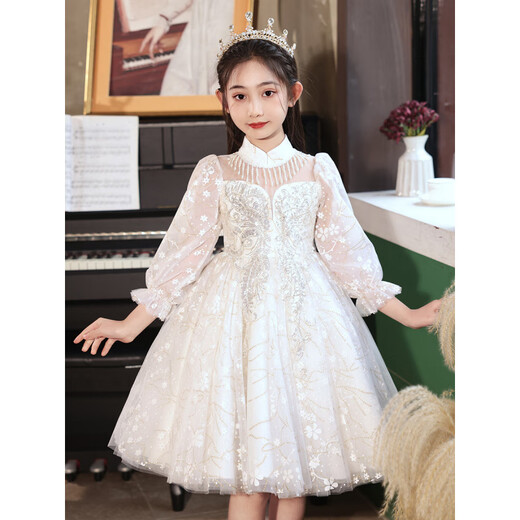 Gemmes colorés Petite fille robe haut de gamme Robe princesse Girls Performance Suit Light Luxury Niche Host 9215 White Long Mancheve [Jupe simple] M 120C