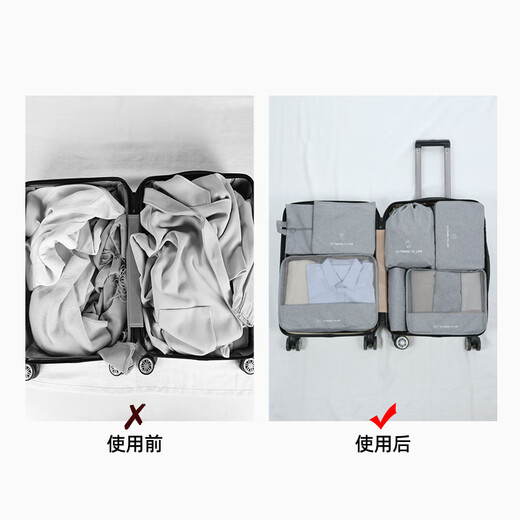 易旅（Etravel）旅行收纳袋束口袋套装衣服整理打包袋旅游行李箱衣户外装备 灰色旅行生活七件套-