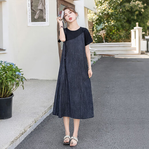 Sibushe Fake Twip T-shirt jupe T-shirt 2025 Été Nouvelle femme mode Casual Style Round Contrast Pullover Robe