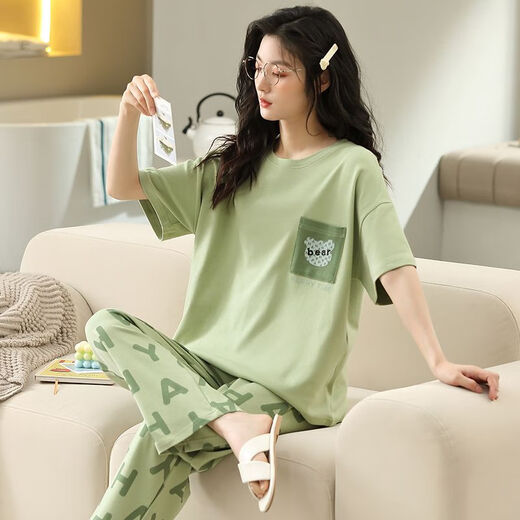 Langsha 100% pure cotton pajamas for women in spring and summer short-sleeved trousers casual loose women Korean style home clothes for autumn wear suit T-9711 (short-sleeved trousers) XL size (125-145Jin [Jin equals 0.5 kg]) All size