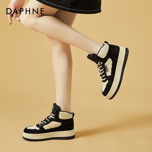 达芙妮（DAPHNE）厚底高帮老爹鞋女新款女鞋春秋款百搭学生休闲运动熊猫板鞋 黑色 单层 跟高4.5cm 38 (240mm)