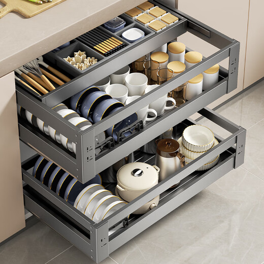 Dibujo de la canasta Gabinete de cocina Cajón de doble capa Tipo de tazón Tazón Tazón Pit Towls y Chopsticks Almacenador de almacenamiento Espacio de tres capas Draw Mid-Pull Half Draw 720 Gabinet_ [Ancho interno requerido 675-695 mm, apertura de triple capazón_drawer type_door