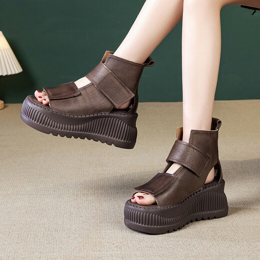 Lairan cowhide sandals thick-soled heightened women's shoes, wedge velcro hollowed-out Roman shoes versatile 2025 summer new style black 37