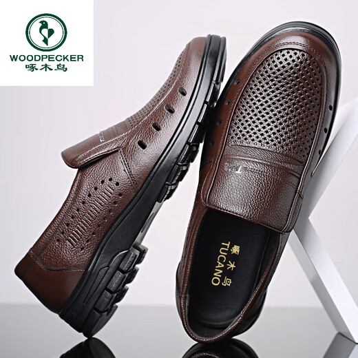 Woodpecker Sandals for men's summer new genuine leather casual leather shoes for men's toe layer cowhide hollow hole shoes soft sole dad's shoes 7029 brown hollow style 39