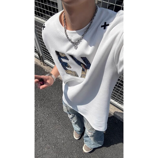 7家优品字母刺绣短袖男夏季美式小领口运动t恤潮牌高级感情侣半袖上衣服 CQS-1484黑色 M