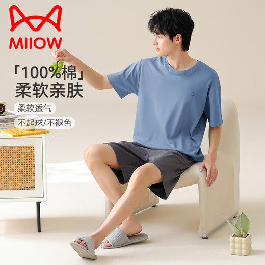 猫人（MiiOW）男士短袖睡衣男款夏天夏季大码男生家居服纯棉套装可外穿2025新款 13603 XL