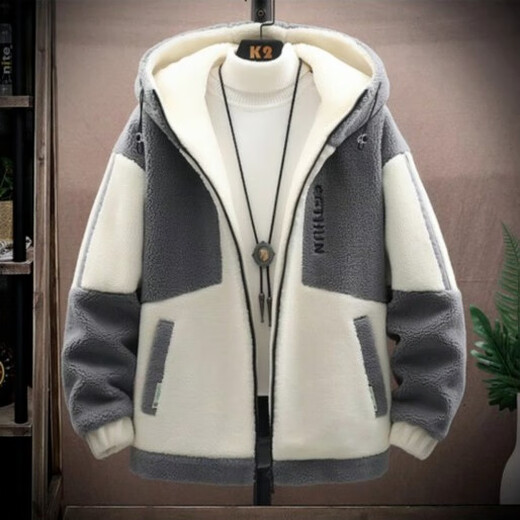 
Playboy lamb velvet jacket men winter loose trend teen junior high school students cotton thickened velvet men's jacket off white XL