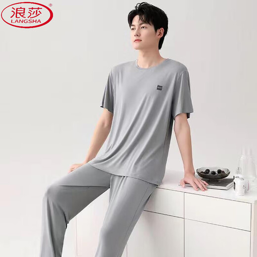 浪莎（LangSha）莫代尔棉睡衣男款年新款棉质短袖长裤简约休闲大码睡衣家居服套装 (2677)*短袖*长裤#hf7* 3XL (适合160-180斤)