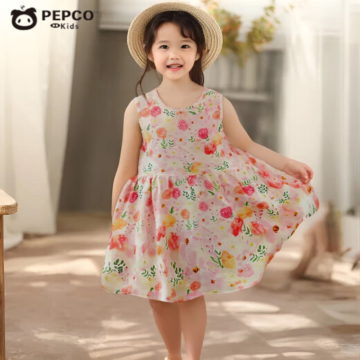 Schwein Banner Girl Sommer Dünnes Kleid Kinder loser ärmellose Weste Rock Baby Blumen lässige Langrock Tinte Blume 140 cm