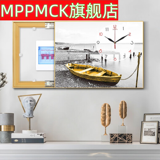 MPPMCK Nordic Light Luxury Meter Box Dekorative Gemälde mit Uhr neuer Stil Schwacher Strom Box Blockinguhr ohne Stanzschalter Hanges Malmale Frischgrüne Pflanze 15099 50*40 kann 40*30 rechter Druck und Ziehen aufnehmen