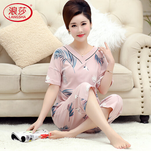 浪莎（LangSha）中老年睡衣女式纯棉短袖七分裤薄款夏天妈妈家居服宽松两件套 浅粉 MT5009# M 【建议75-100斤】