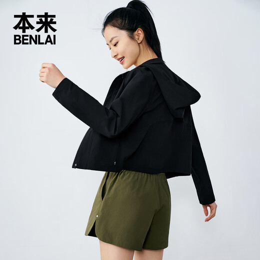 本来BENLAI女士速干夹克夏季新款轻薄运动休闲连帽短外套 黑色 L
