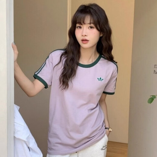 阿迪达斯 （adidas）经典复古刺绣条纹紫罗兰休闲圆领短袖T恤女 DU9893 紫罗兰 du9893 M