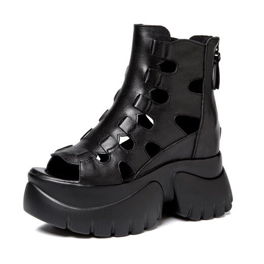 Rome leather Roman sandals for women wearing summer women's European and American style high heels fish mouth shoes heel thick-soled sandals for women black 34
