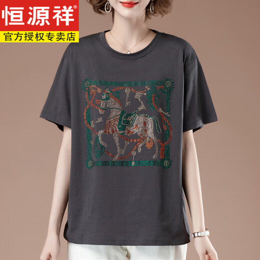 恒源祥胖mm短袖t恤女夏季大码宽松纯棉烫钻中年妈妈显瘦全棉薄款上衣女 黑色【9896款】 4XL 160-180斤
