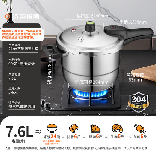 ASD pressure cooker gas induction cooker universal T-type 7.6L six-safe stainless steel pressure cooker YS24T3WG