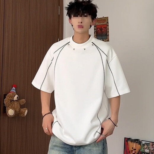 Qijungou (Qijungou) weißes schweres hartes Hemd für Jungen in Sommeroutfits Trendy Marke Kurzärmel dekonstruierte Spleißdesign Sinn für sieben Viertelhüllen 1421. Black M.