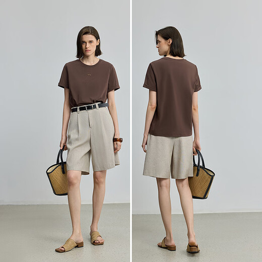 
LILY2025 summer new women's clothing retro simple basic embroidery casual versatile front shoulder round neck short-sleeved T-shirt 701 brown S