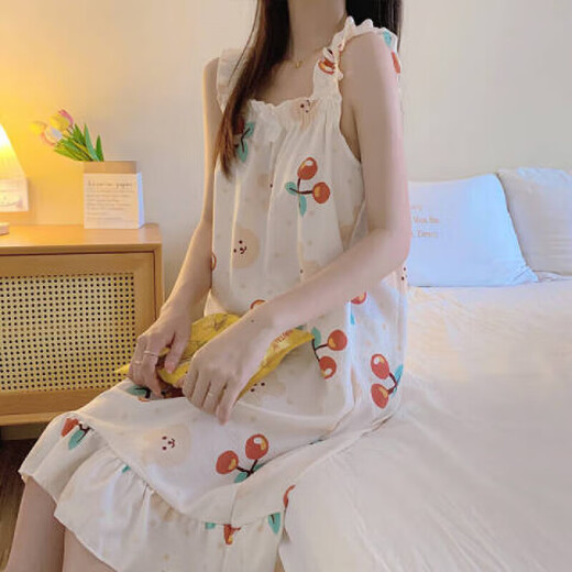 婉芹夏季吊带睡衣女连衣裙可爱睡裙少女高中学生棉纱布薄款家居服MJF_ MJF_9272#背心裙 樱桃小熊 M 160