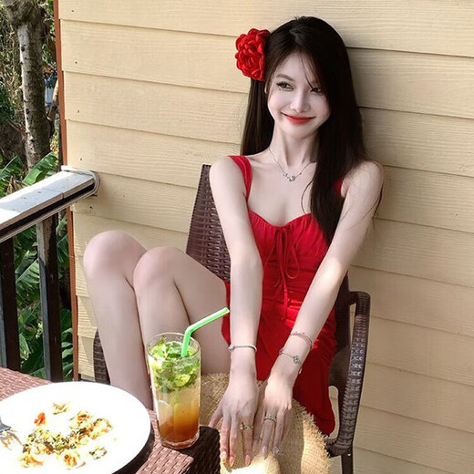 麓格立纯欲泳衣女泡温泉成人女士游泳衣连体红色性感泳装沙滩高级小众 红色泳衣送头花均码 【80-120斤】