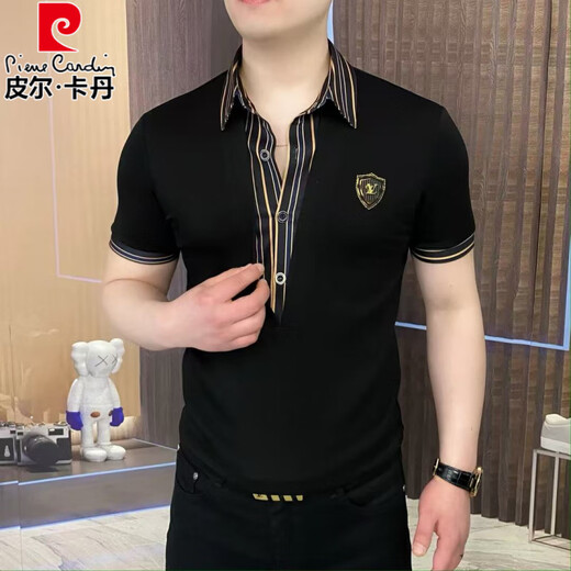 Pierre Cardin T-shirt floral de soie glace à manches courtes à manches courtes Polo de la mode de luxe de haute qualité Business Business T-shirt polyvalent 7018 Black M 120Jin [Jin est égal à 0,5 kg]