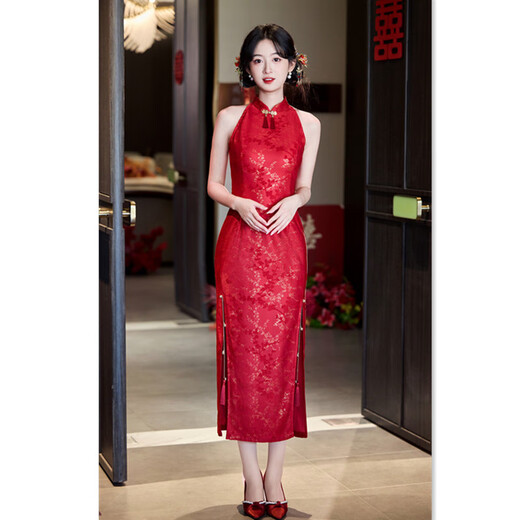 自由姑娘红蕾丝长款挂脖露肩性感婚宴旗袍敬酒服2025夏新款新娘订婚旗袍裙 红蕾丝挂脖11303 2XL