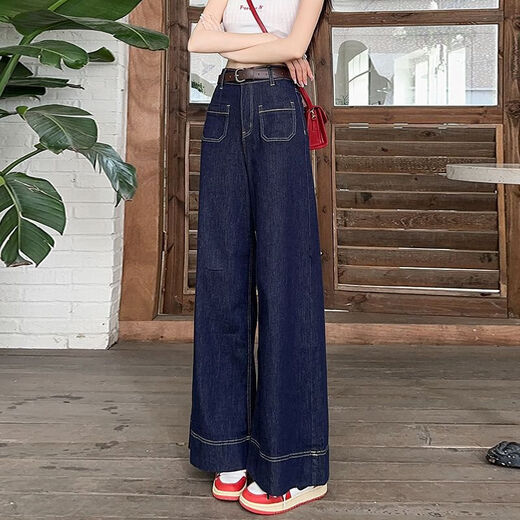 新款宽松百搭微喇裤女高个子早春季牛仔裤长裤高腰显瘦拖地裤 丹宁蓝九分9887# 常规 M