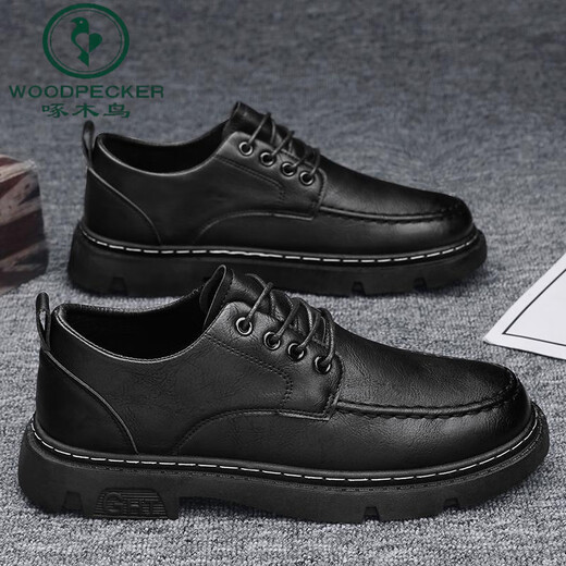 Woodpecker men's shoes autumn British business formal wear men's casual leather shoes black work groom gets married taller big head trendy shoes 9903 black 39