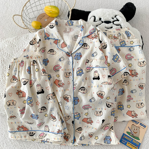 Niedlicher Crayon Shin-Yun-Baumwollpyjamas für Frauen dreiteilige Sommer-Strickjacke Cartoon Home Clothing Set JHX-9901J#Pink Bian Mike M Empfohlen 80-100
