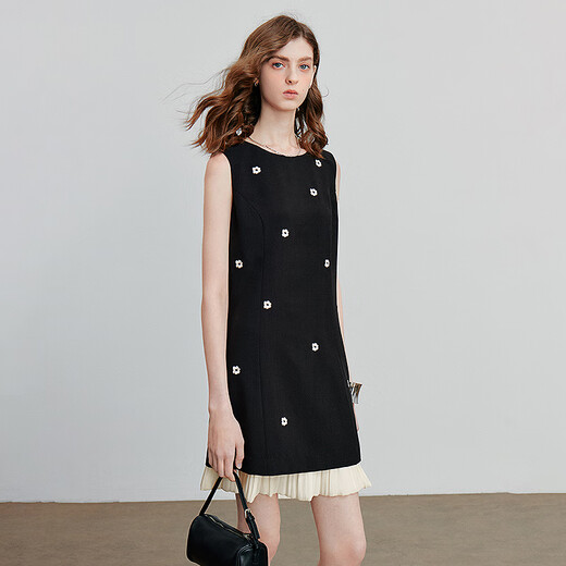 Diseño de empalme chuyu Flor de flores bordadas Falda de chaleco sin mangas para mujeres 2025 Summer NUEVO VESTO PEQUEÑO NEGRO M